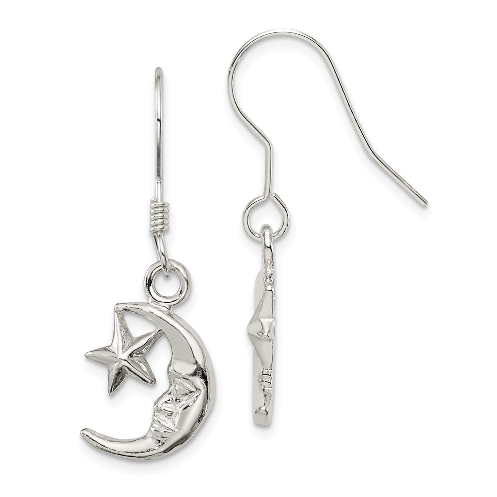Pendientes Stella Silver de plata de ley 925 con forma de luna y estrella, 28 mm x 11 mm
