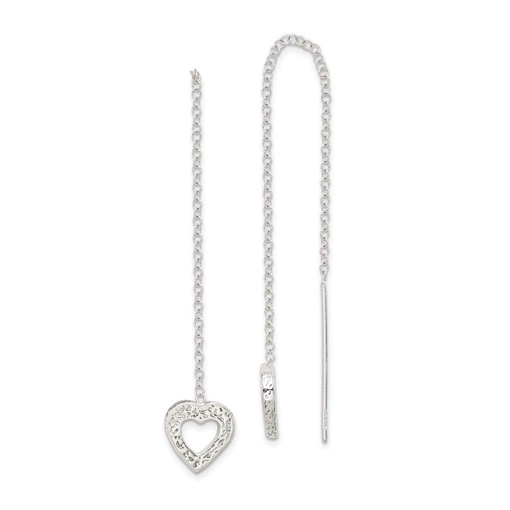 Stella Silver 925 Sterling Silver Hammered Heart Threader Earrings, 52mm x 10mm