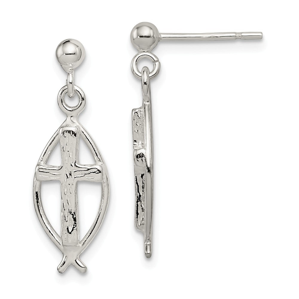 Stella Silver 925 Sterling Silver Ichthus (fish) Cross Earrings, 26mm x 9mm