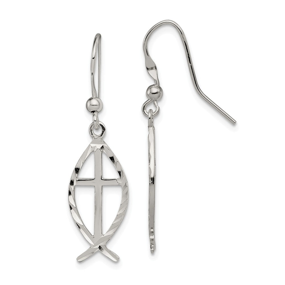 Stella Silver 925 Sterling Silver Diamond-cut Cross with Fish Earrings, 37mm x 11mm