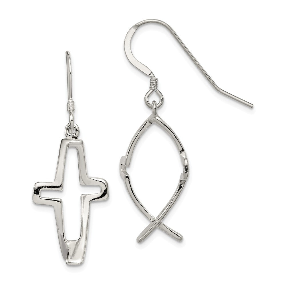 Stella Silver 925 Sterling Silver Cross Ichthus Dangle Earrings, 46mm x 17mm