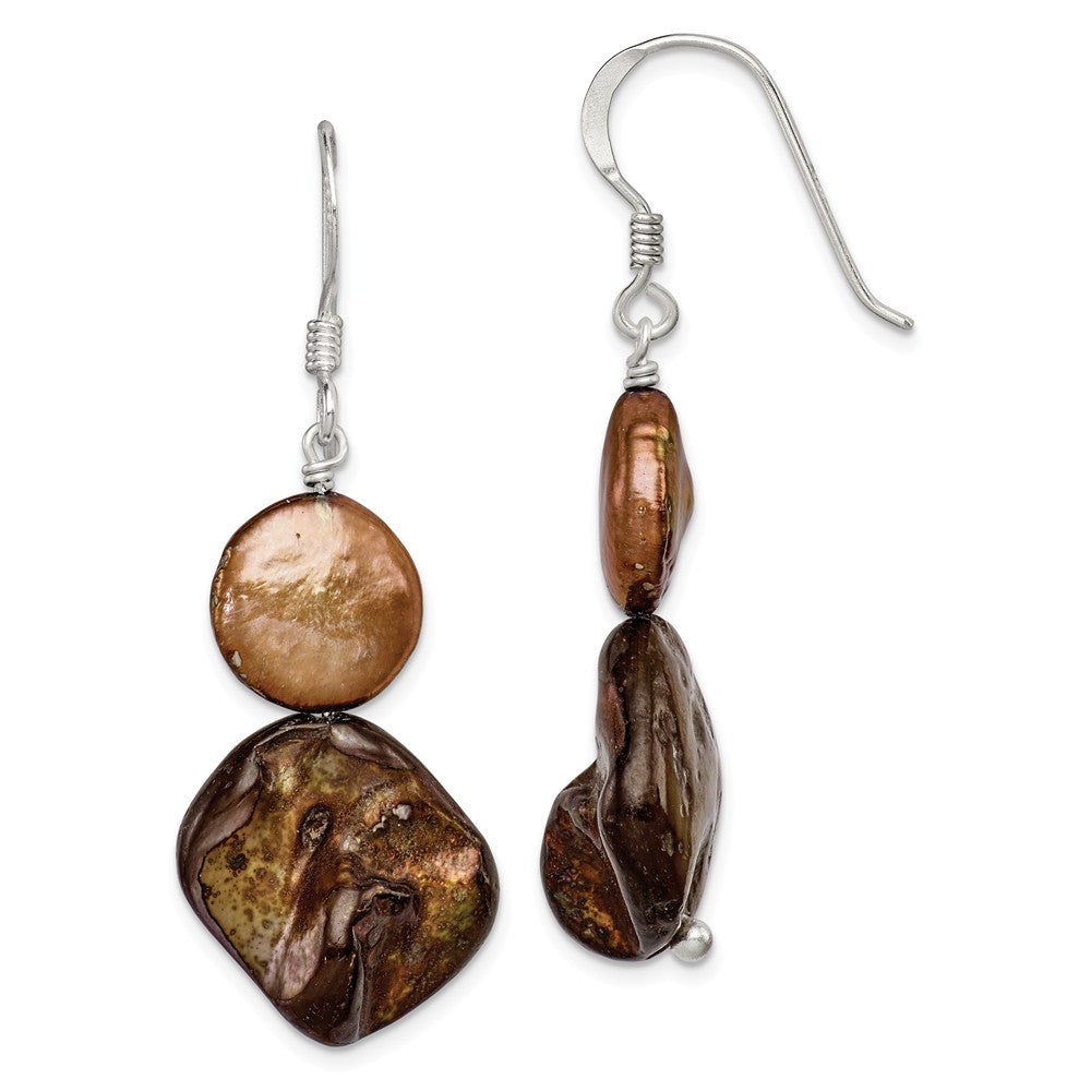 Stella Silver 925 Sterling Silver Golden Brown Mother of Pearl & Freshwater Cultured Pearl Earrings, 47mm x 19mm