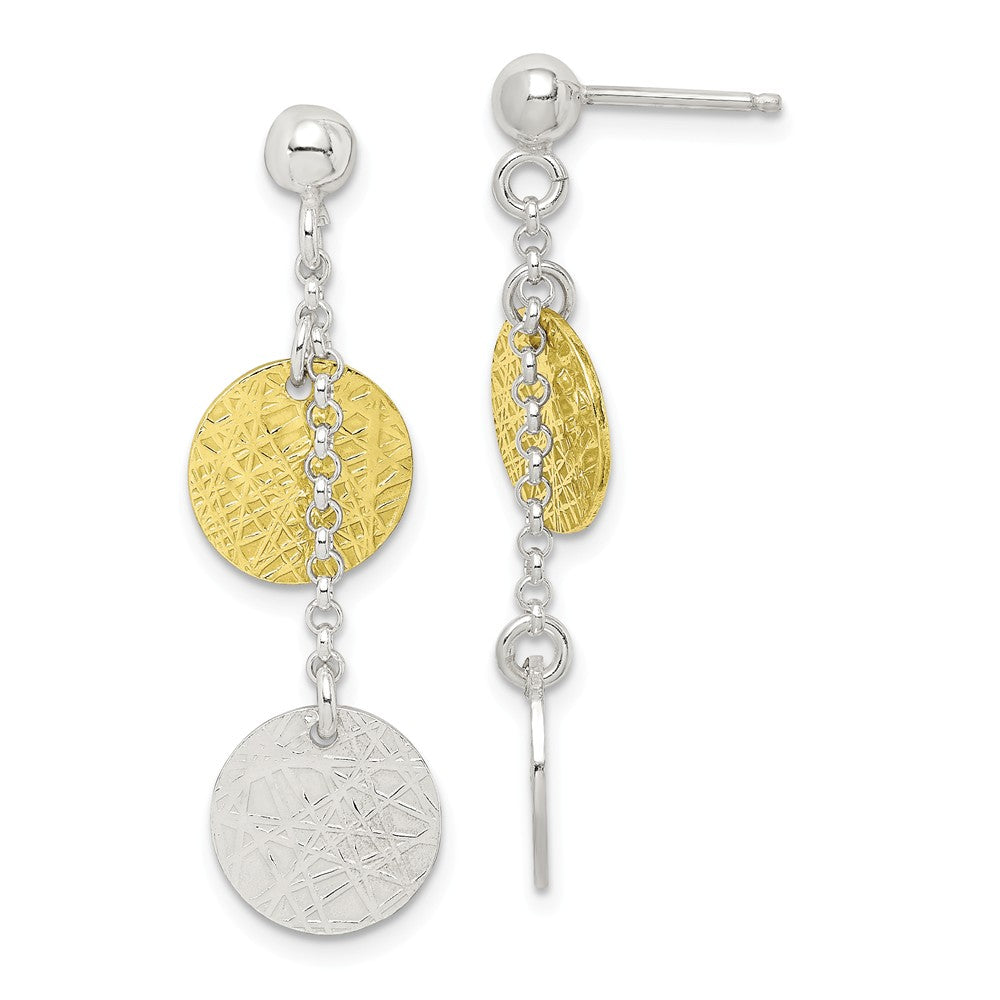 Stella Silver 925 Sterling Silver & Vermeil Polished & Textured Dangle Earrings, 40mm x 11mm