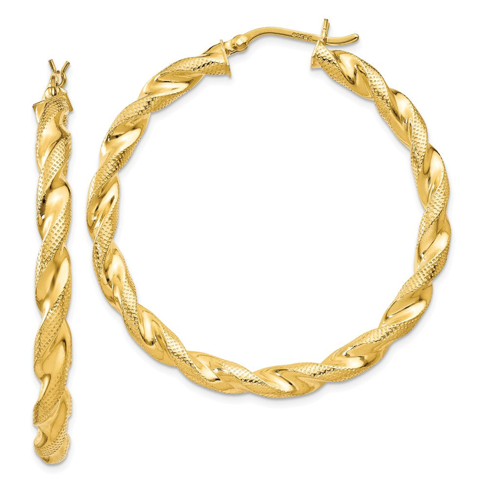 Stella Silver 925 Sterling Silver Gold-flashed Patterned Twist 45mm Hoop Earrings, 39mm x 5mm