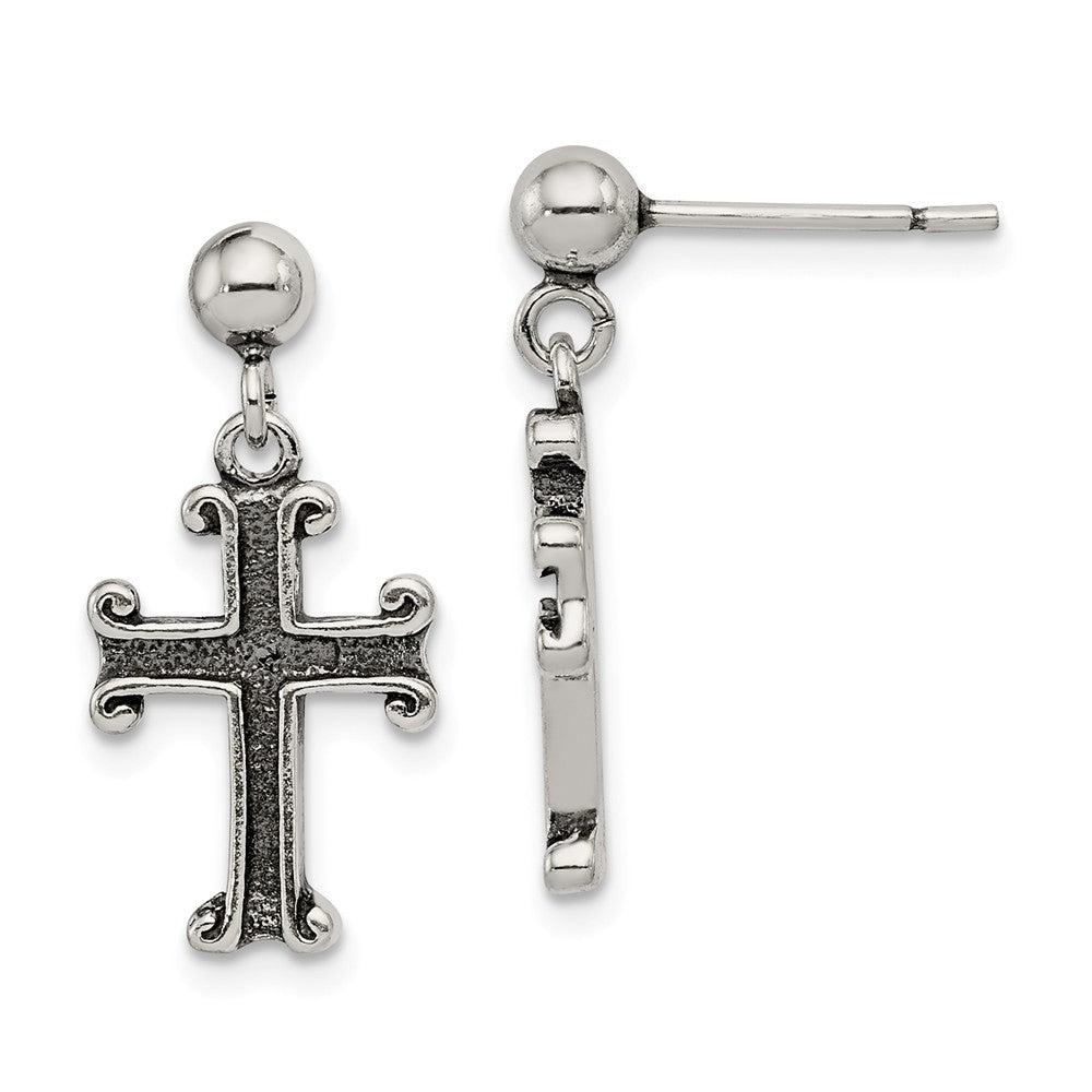 Stella Silver 925 Sterling Silver Antiqued Cross Post Earrings, 22mm x 11mm