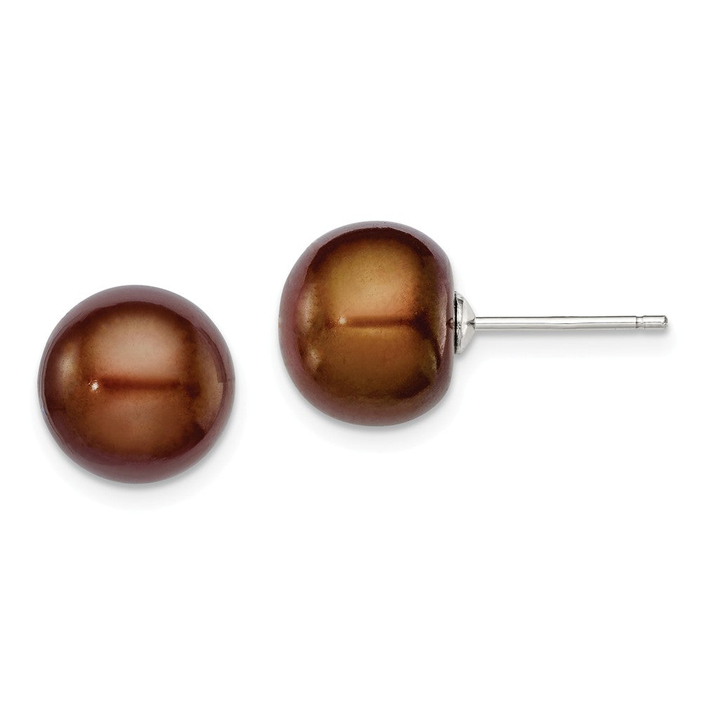 Stella Silver 925 Sterling Silver Rh-plated 10-11mm Brown Freshwater Cultured Button Pearl Stud Earrings, 10 to 11mm x 10 to 11mm