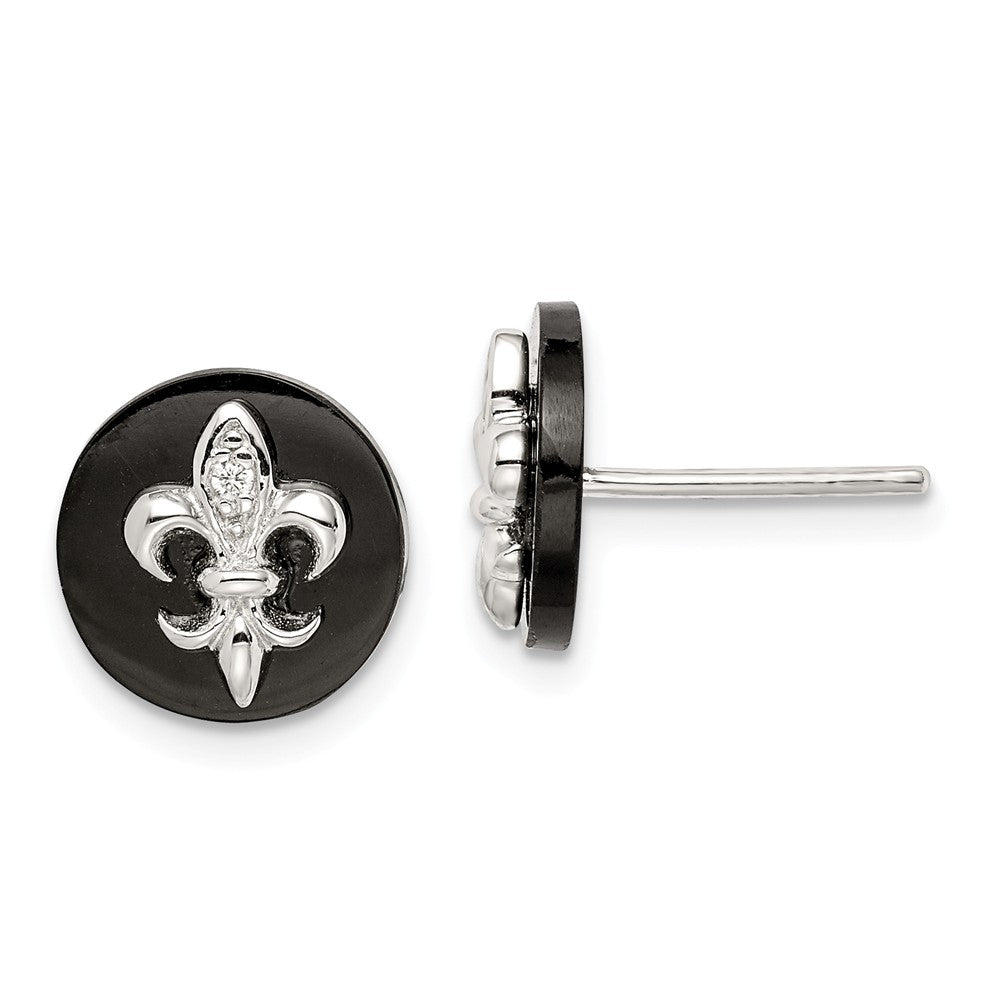 Stella Silver 925 Sterling Silver Cubic Zirconia ( CZ ) Fleur de Lis on Onyx Circle Stud Earrings, 9mm x 9mm