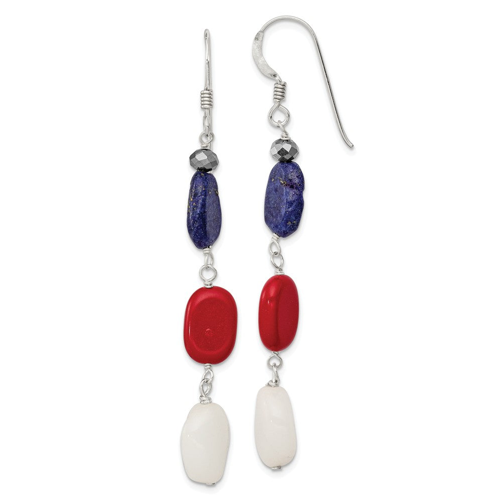 Stella Silver 925 Sterling Silver Red Coral/Crystal/White Jade/Lapis Dangle Earrings, 64mm x 10mm