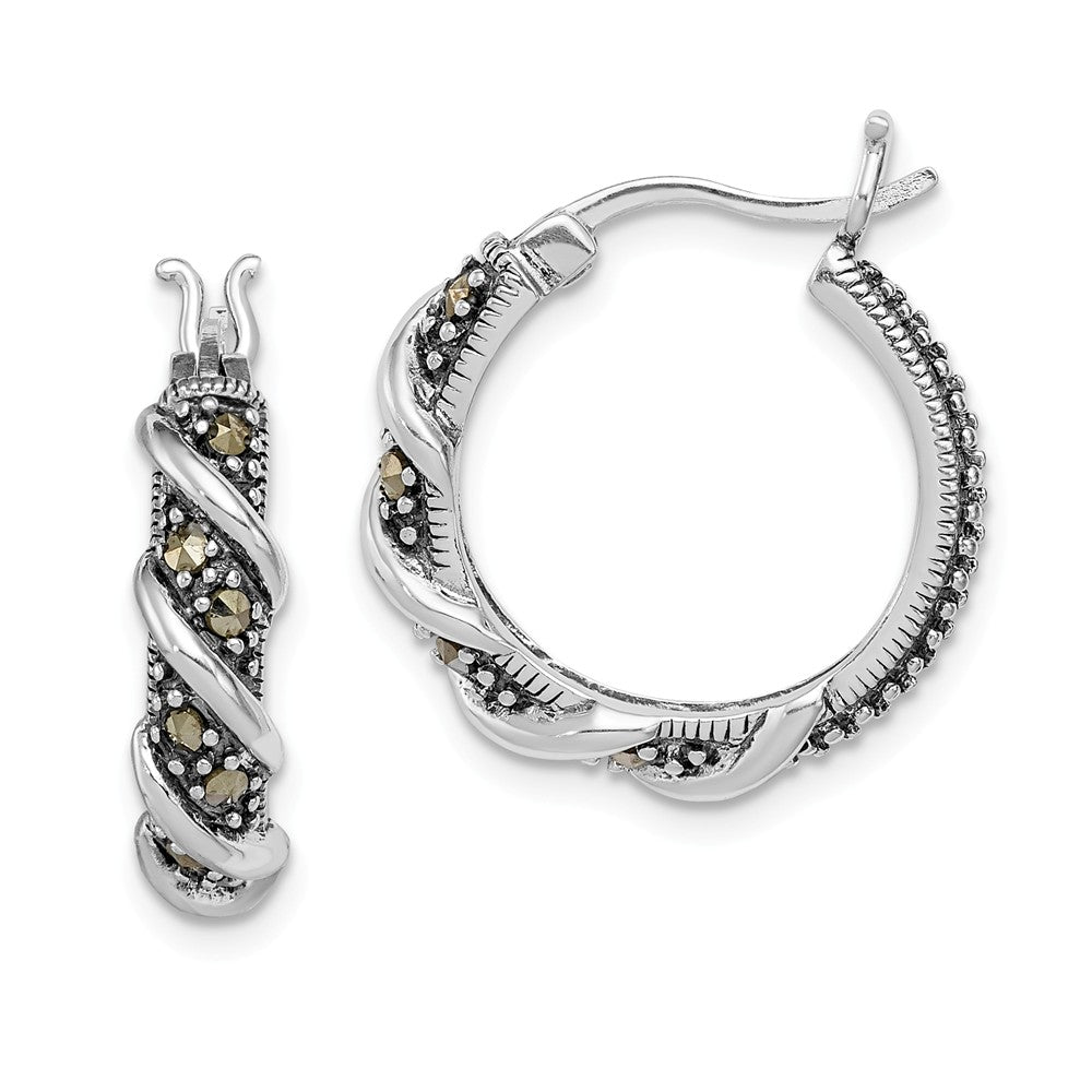 Stella Silver 925 Sterling Silver Swirl Hoop Marcasite Earrings, 21mm x 5mm