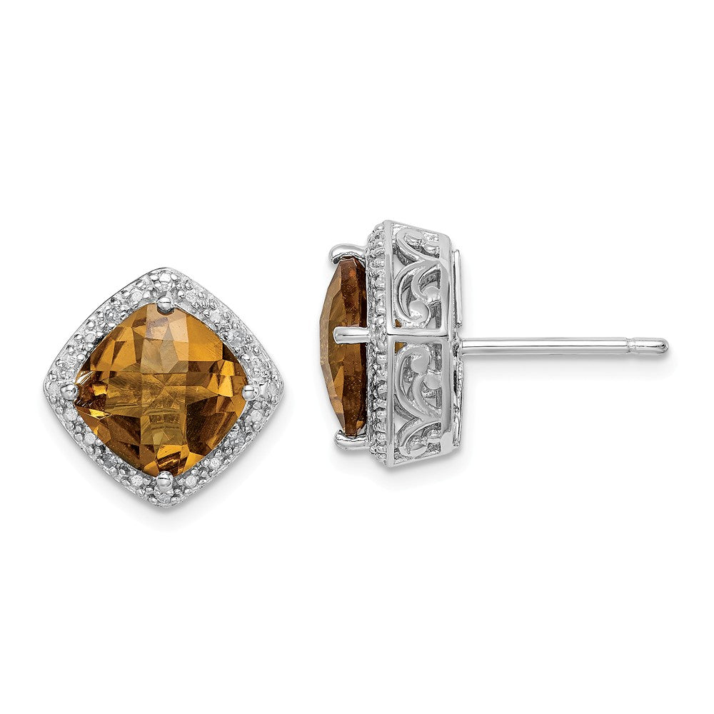 Stella Silver 925 Sterling Silver Rhodium-plated Whiskey Quartz and Diamond Earrings, 13mm x 13mm
