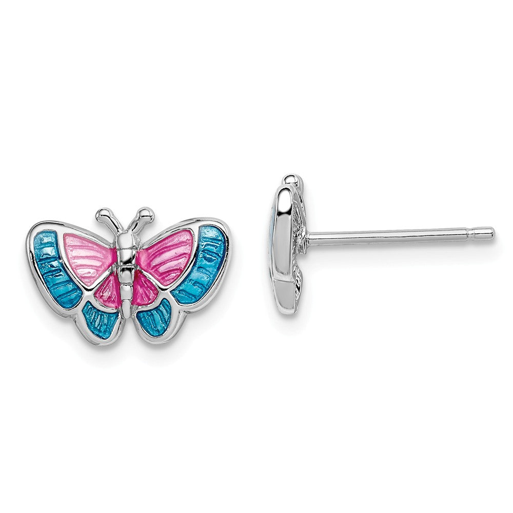 Stella Silver 925 Sterling Silver Rhodium-plated Madi K Enamel Butterfly Post Earrings, 8mm x 12mm
