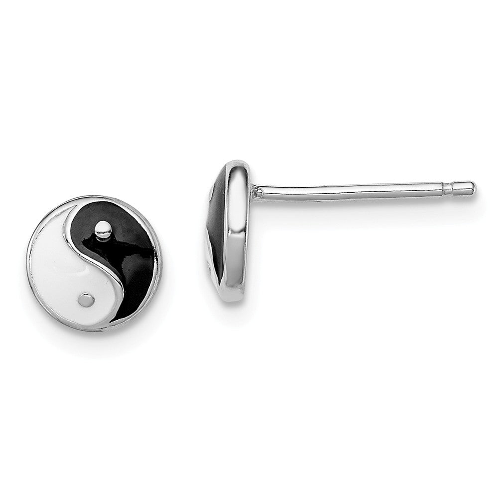 Stella Silver 925 Sterling Silver Rhodium-plated Madi K Enamel Yin Yang Symbol Post Earrings, 7mm x 7mm