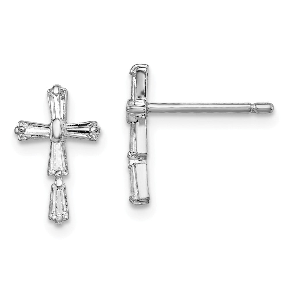 Stella Silver 925 Sterling Silver Rhodium-plated Madi K Cubic Zirconia ( CZ ) Children's Cross Post Earrings, 13mm x 9mm