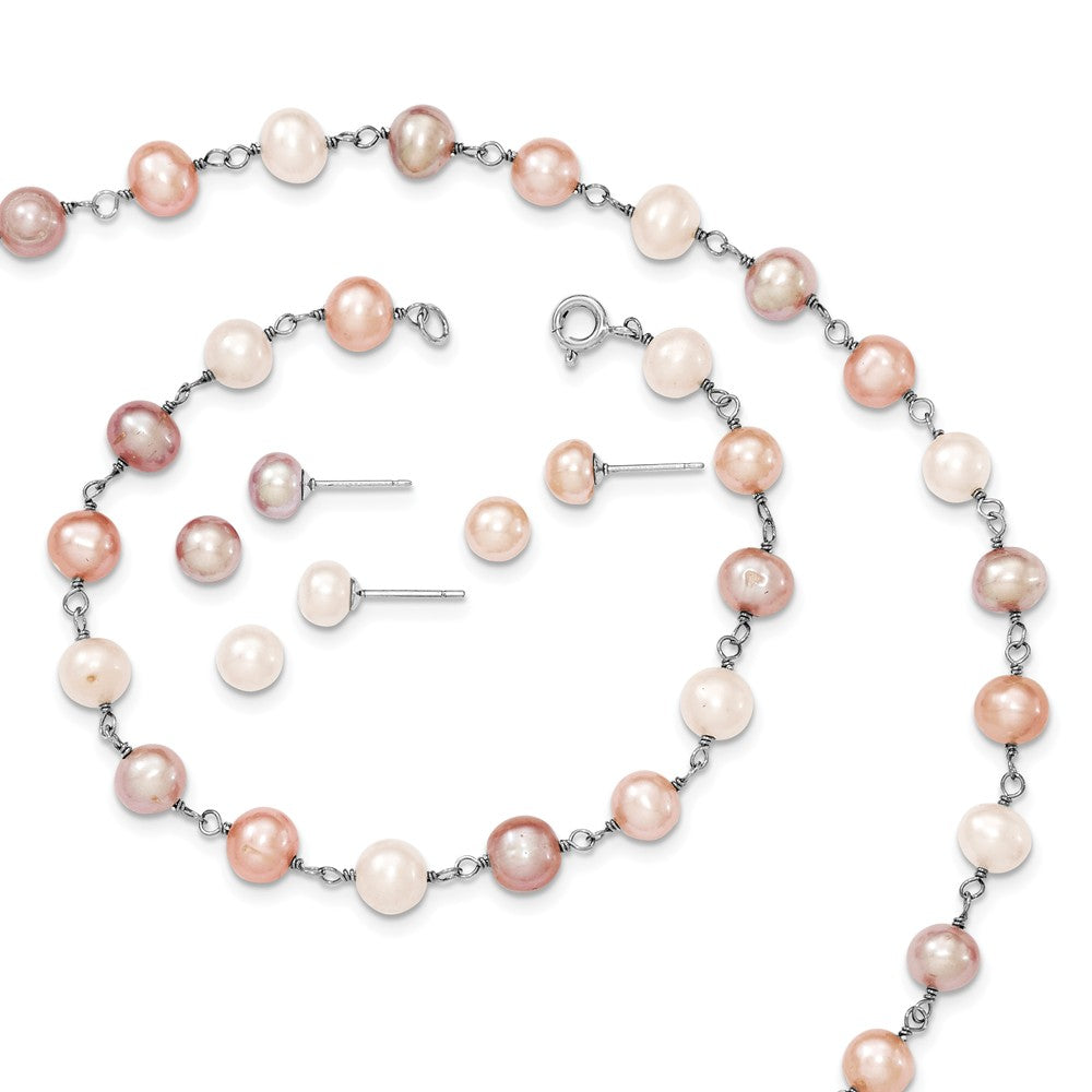 Stella Silver Jewelry Set - 925 Sterling Silver Rhodium-Plate White/Pink/Purple Freshwater Cultured Pearl Necklace, Bracelet & Earring Set