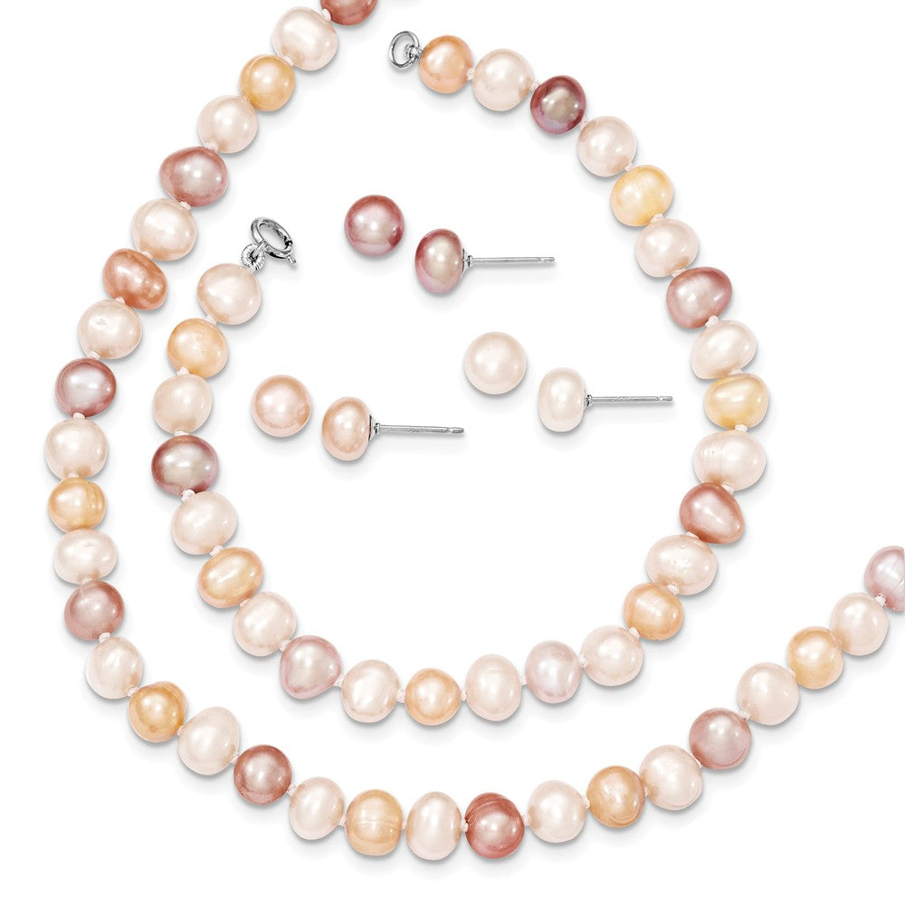 Stella Silver Jewelry Set - 925 Sterling Silver Rhodium-Plate White/Pink/Purple Freshwater Cultured Pearl Necklace, Bracelet & Earring Set