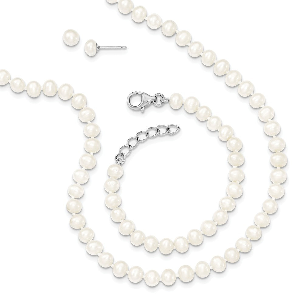 Stella Silver Jewelry Set - 925 Sterling Silver Rhodium-Plate 4-5mm Freshwater Cultured Pearl 14/1 Necklace 5/1 Brace Earring Set