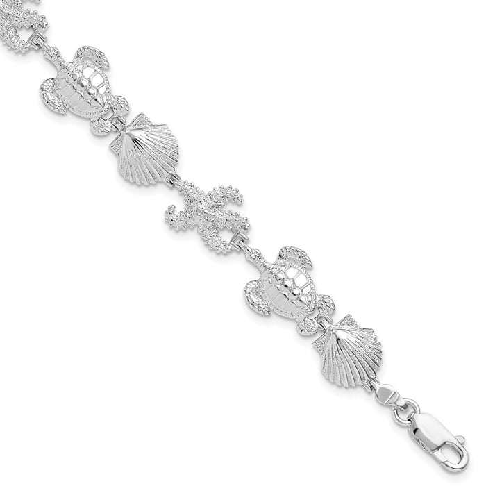 Million Charms 925 Sterling Silver Turtle, Shell & Starfish Charm Link Bracelet, 7.5" Length