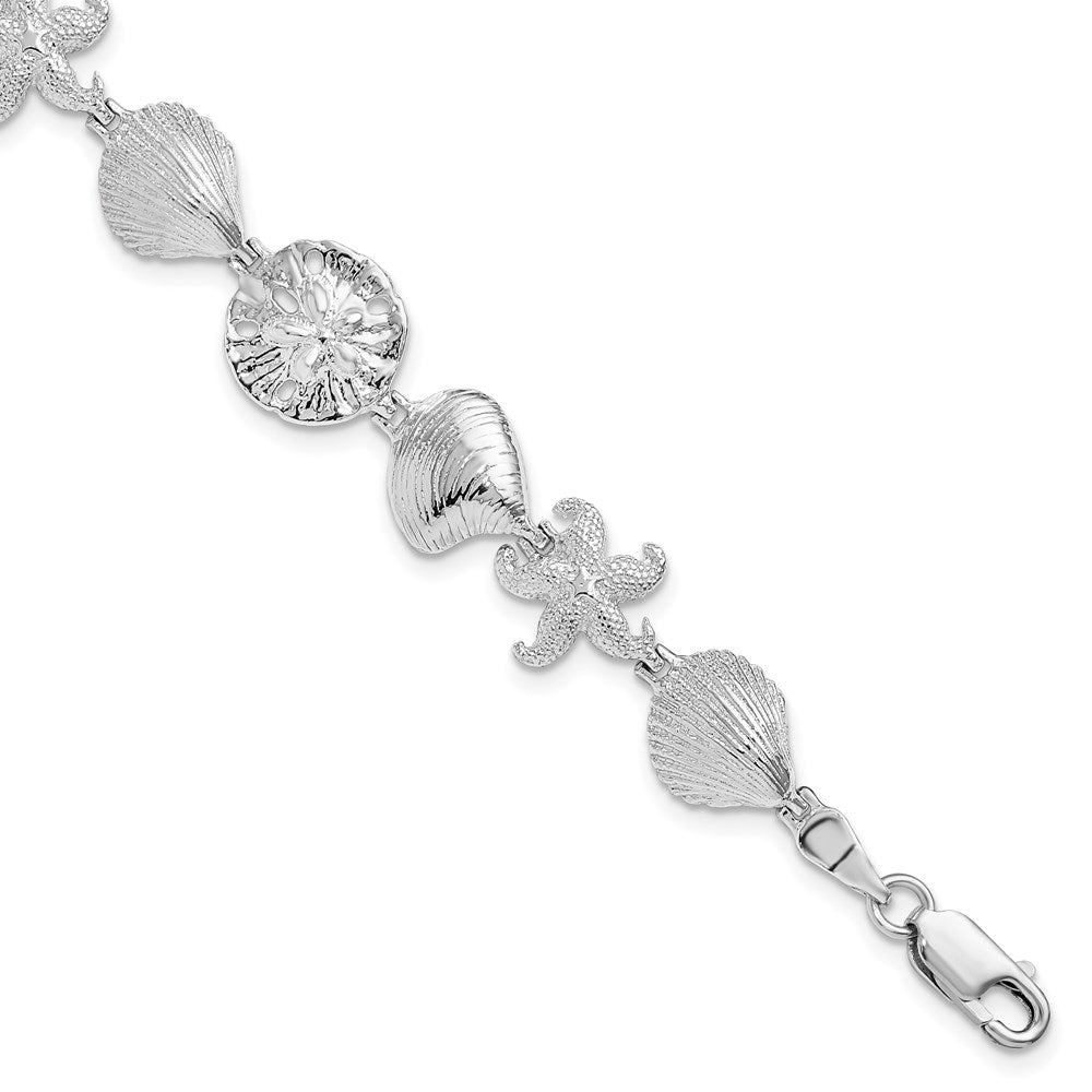 Million Charms 925 Sterling Silver Sea Life Shell, Starfish, Clam & Sand Dollar Charm Link Bracelet, 7" Length