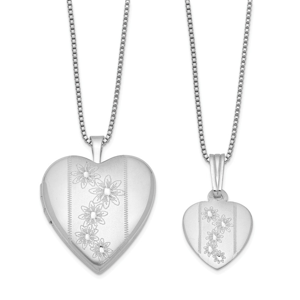 Stella Silver Jewelry Set - 925 Sterling Silver Rhodium-plated Polished and Satin Flowers Heart Locket & Pendant Set