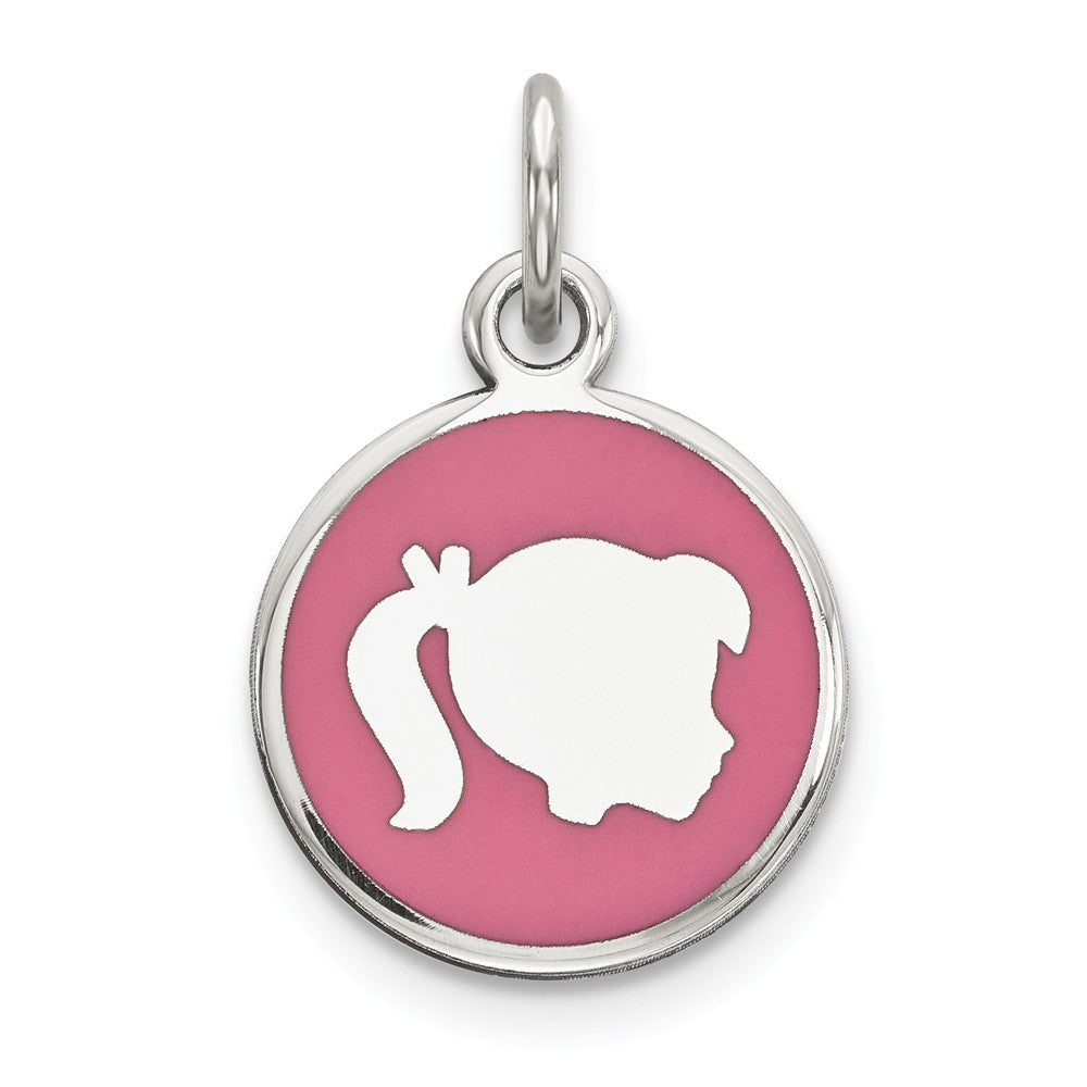Million Charms 925 Sterling Silver Rhod-Plate Pink Enamel Right Facing Girl Head Disc Charm