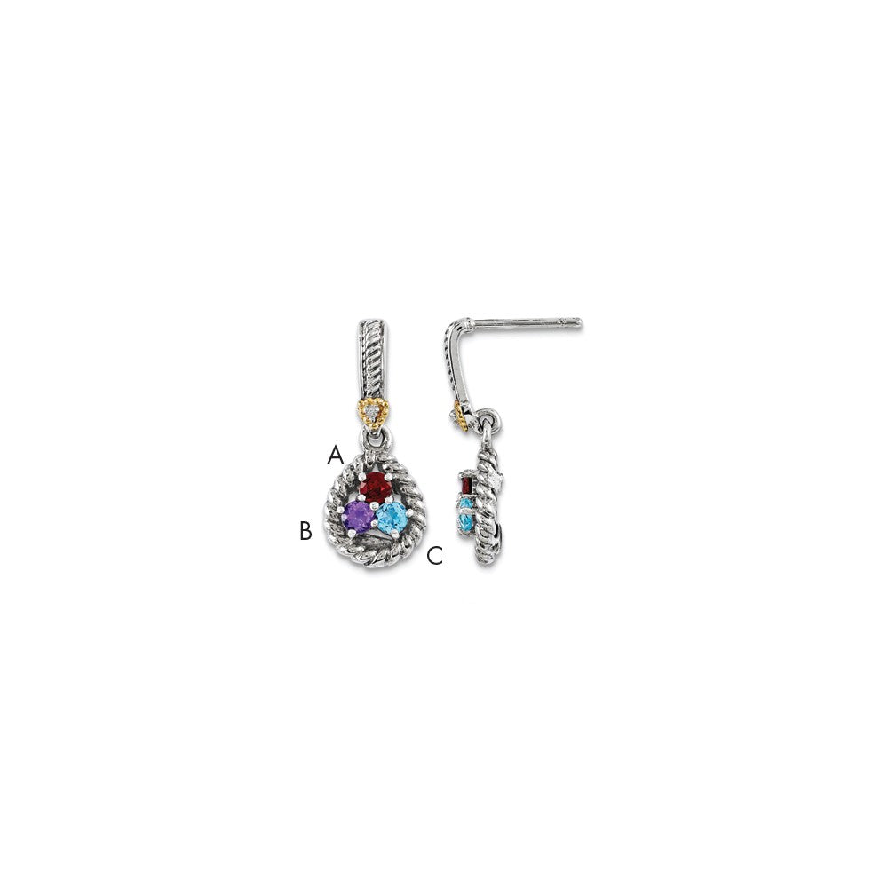 Sterling Silver & 14k Three-stone and Diamond Mother's Earring Semi-Mount, 23mm x 10mm