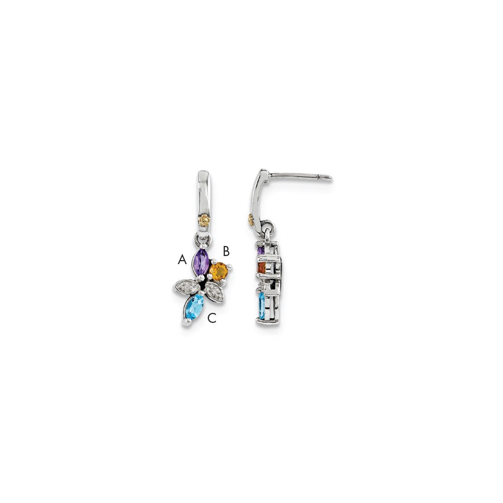 Sterling Silver & 14k Three-stone and Diamond Mother's Earring Semi-Mount, 26mm x 10mm