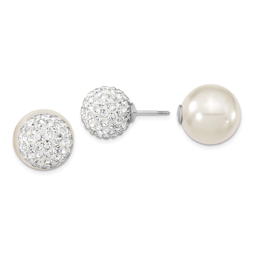 Million Charms 925 Sterling S Majestik Rhodium Plated 12-13mm & 14-15mm Imitation Shell Pearl White/Cubic Zirconia ( CZ ) Earrings, 12 to 15mm x 12 to 15mm
