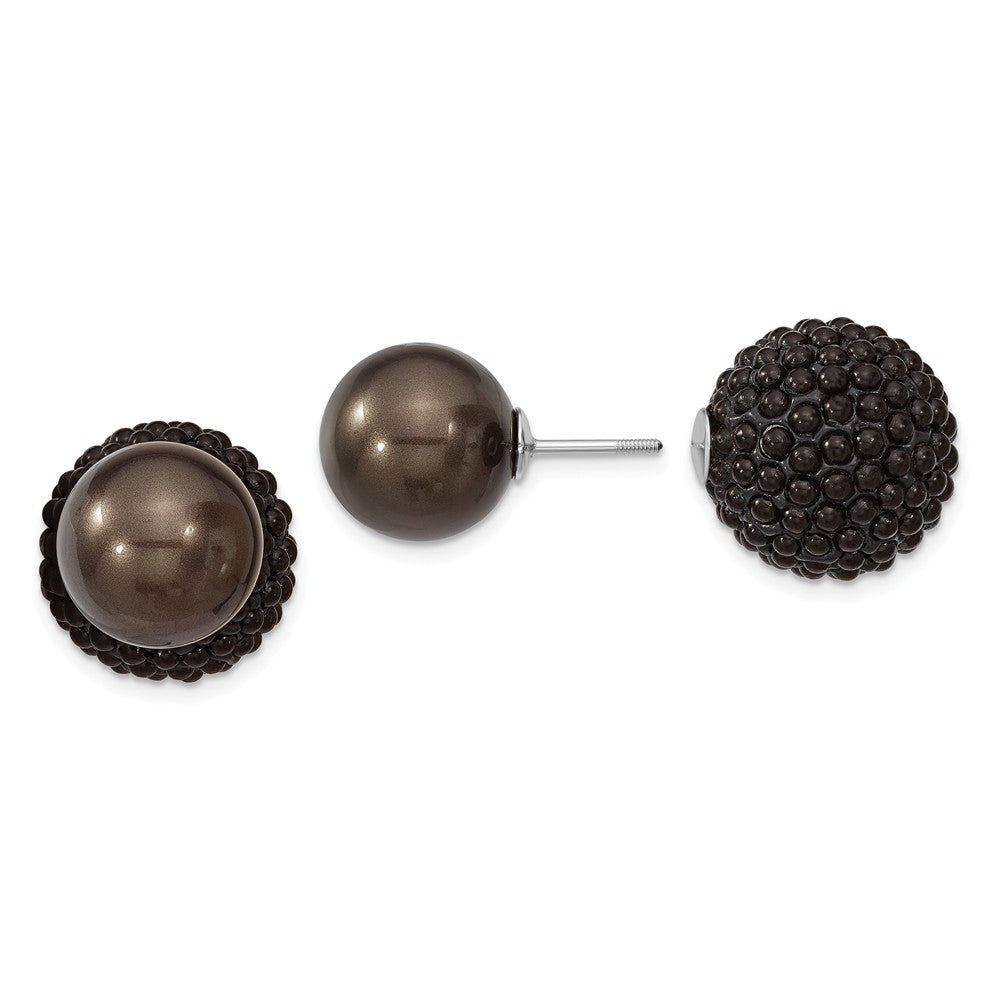Million Charms 925 Sterling S Majestik Rhodium Plated 11-12mm & 15-16mm Imitation Shell Pearl Black /Black Earrings, 11 to 16mm x 11 to 16mm