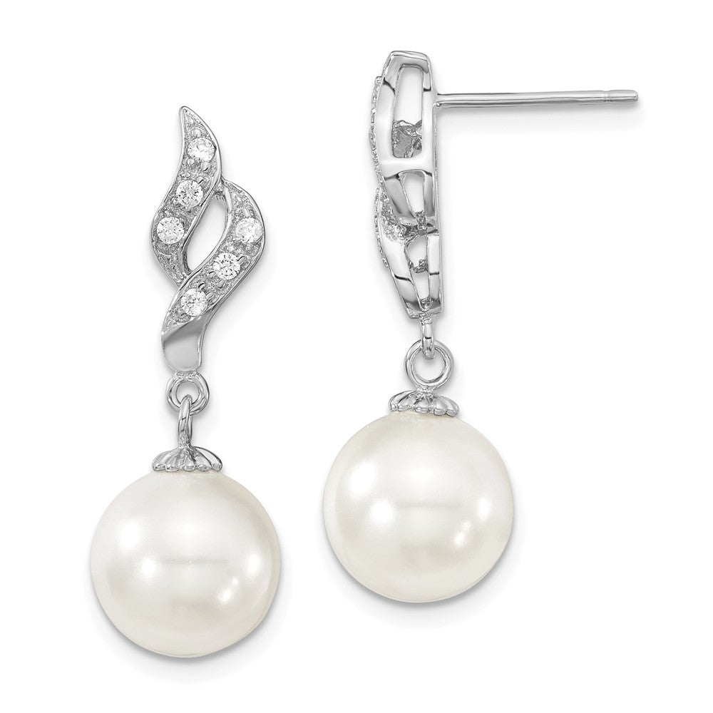 Million Charms 925 Sterling S Majestik Rhodium Plated 10-11mm White Imitation Shell Pearl & Cubic Zirconia ( CZ ) Dangle Earrings, 29mm x 10 to 11mm
