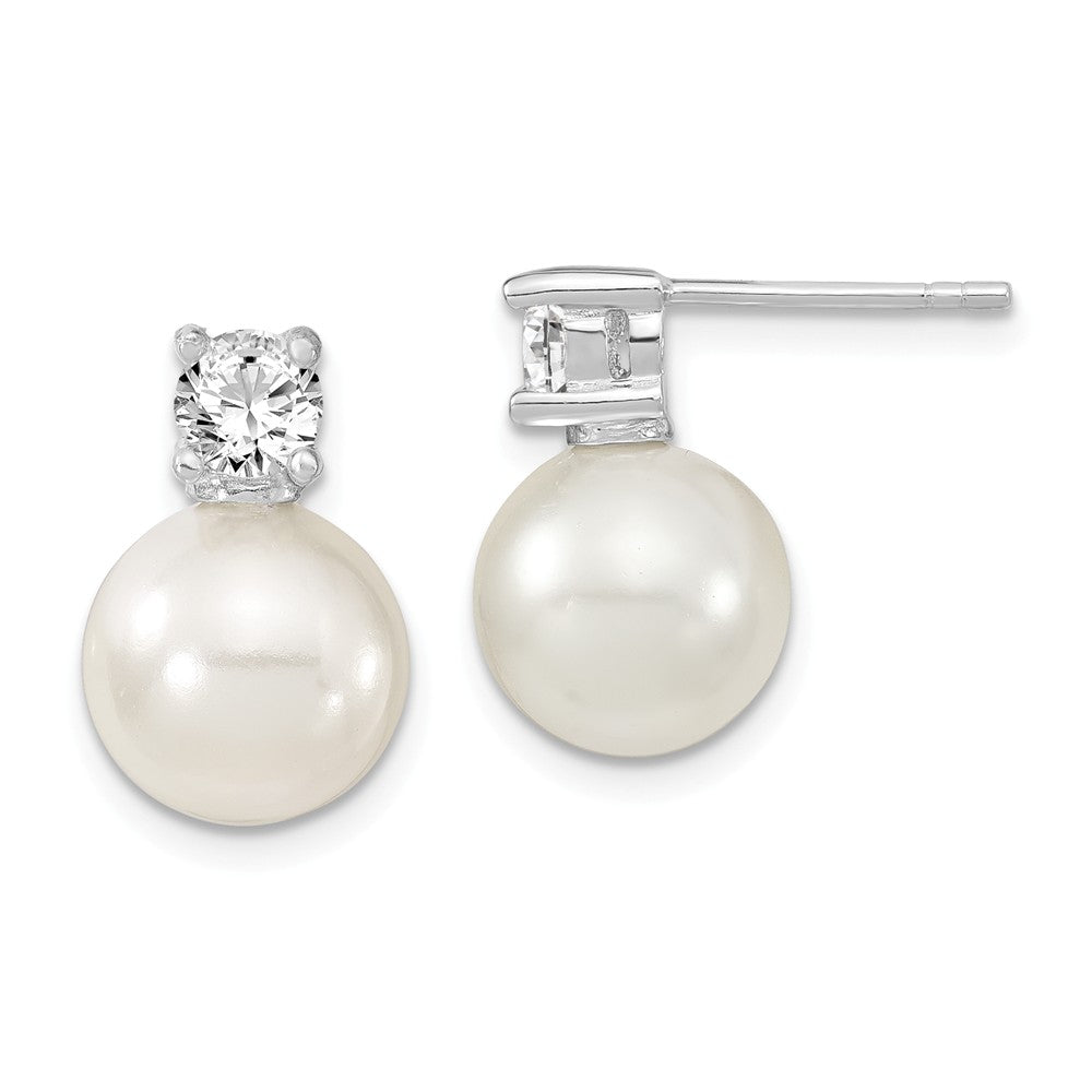 Million Charms 925 Sterling S Majestik Rhodium Plated 10-11mm White Imitation Shell Pearl & Cubic Zirconia ( CZ ) Post Earrings, 10 to 11mm x 10 to 11mm