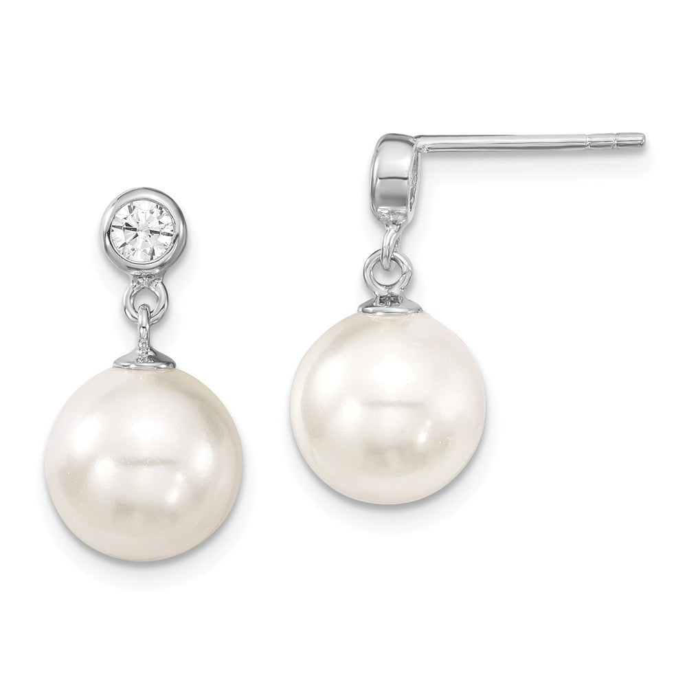 Million Charms 925 Sterling S Majestik Rhodium Plated 10-11mm White Imitation Shell Pearl & Cubic Zirconia ( CZ ) Dangle Earrin, 10 to 11mm x 10 to 11mm