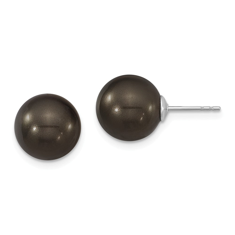 Stella Silver 925 Sterling Silver Majestik Rhodium Plated 10-11mm Black Imitation Shell Pearl Stud Earrings, 10 to 11mm x 10 to 11mm