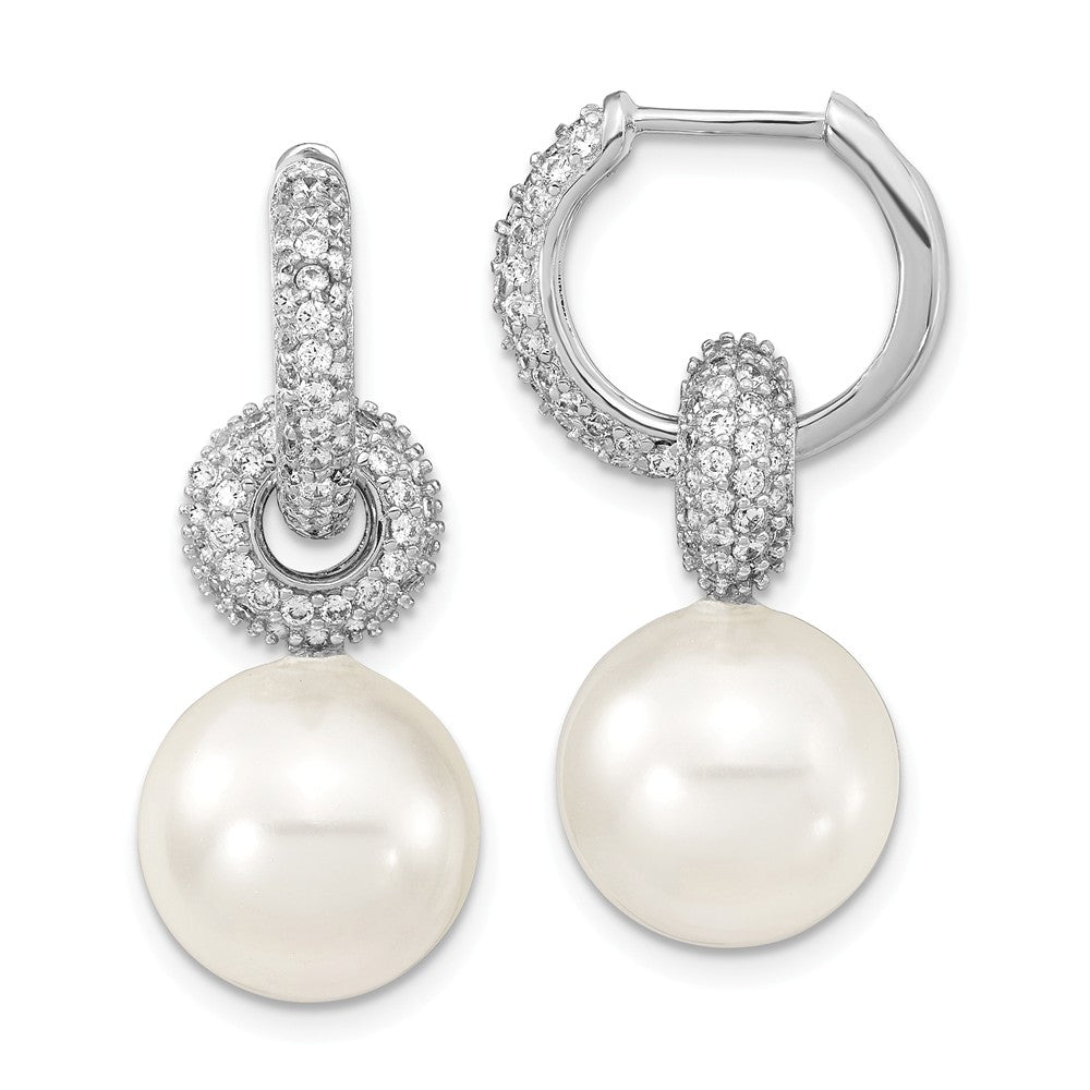 Million Charms 925 Sterling S Majestik Rhodium Plated 12-13mm White Imitation Shell Pearl & Cubic Zirconia ( CZ ) Hoop Earrings, 29mm x 15mm