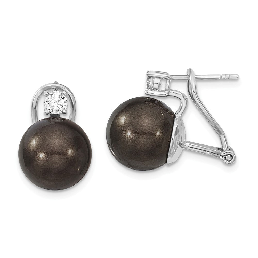 Million Charms 925 Sterling S Majestik Rhodium Plated 12-13mm Black Imitation Shell Pearl Cubic Zirconia ( CZ ) Omega Back Earr, 12mm