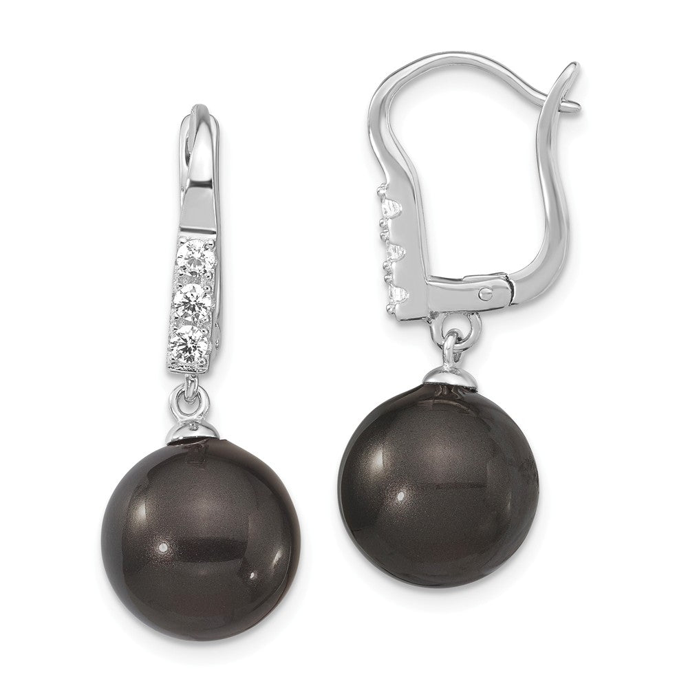 Million Charms 925 Sterling S Majestik Rhodium Plated 10-11mm Black Imitation Shell Pearl Cubic Zirconia ( CZ ) Dangle Earrings, 11.5mm