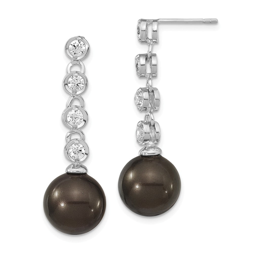 Million Charms 925 Sterling S Majestik Rhodium Plated 11-12mm Black Imitation Shell Pearl Cubic Zirconia ( CZ ) Post Dangle Earrings, 11.9mm