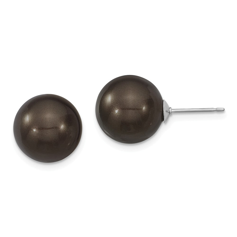 Stella Silver 925 Sterling Silver Majestik Rhodium Plated 12-13mm Black Imitation Shell Pearl Stud Earrings, 12 to 13mm x 12 to 13mm