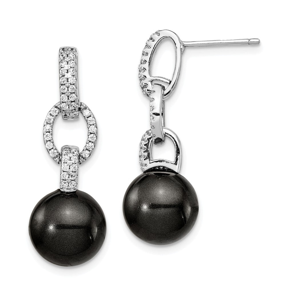 Million Charms 925 Sterling S Majestik Rhodium Plated 10-11mm Black Imitation Shell Pearl Cubic Zirconia ( CZ ) Earrings, 28.6mm x 10mm