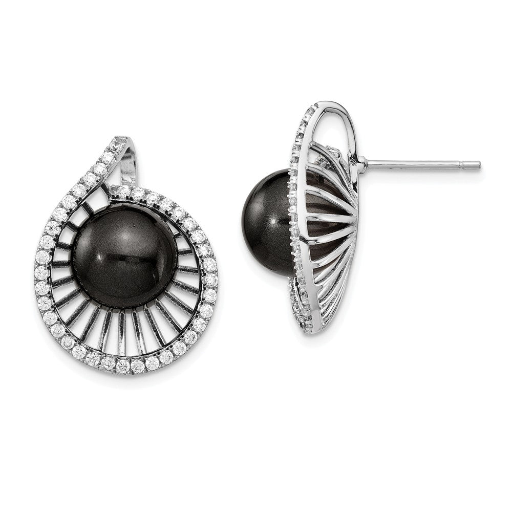 Million Charms 925 Sterling S Majestik Rhodium Plated 10-11mm Black Imitation Shell Pearl Cubic Zirconia ( CZ ) Earrings, 21.5mm x 16.4mm