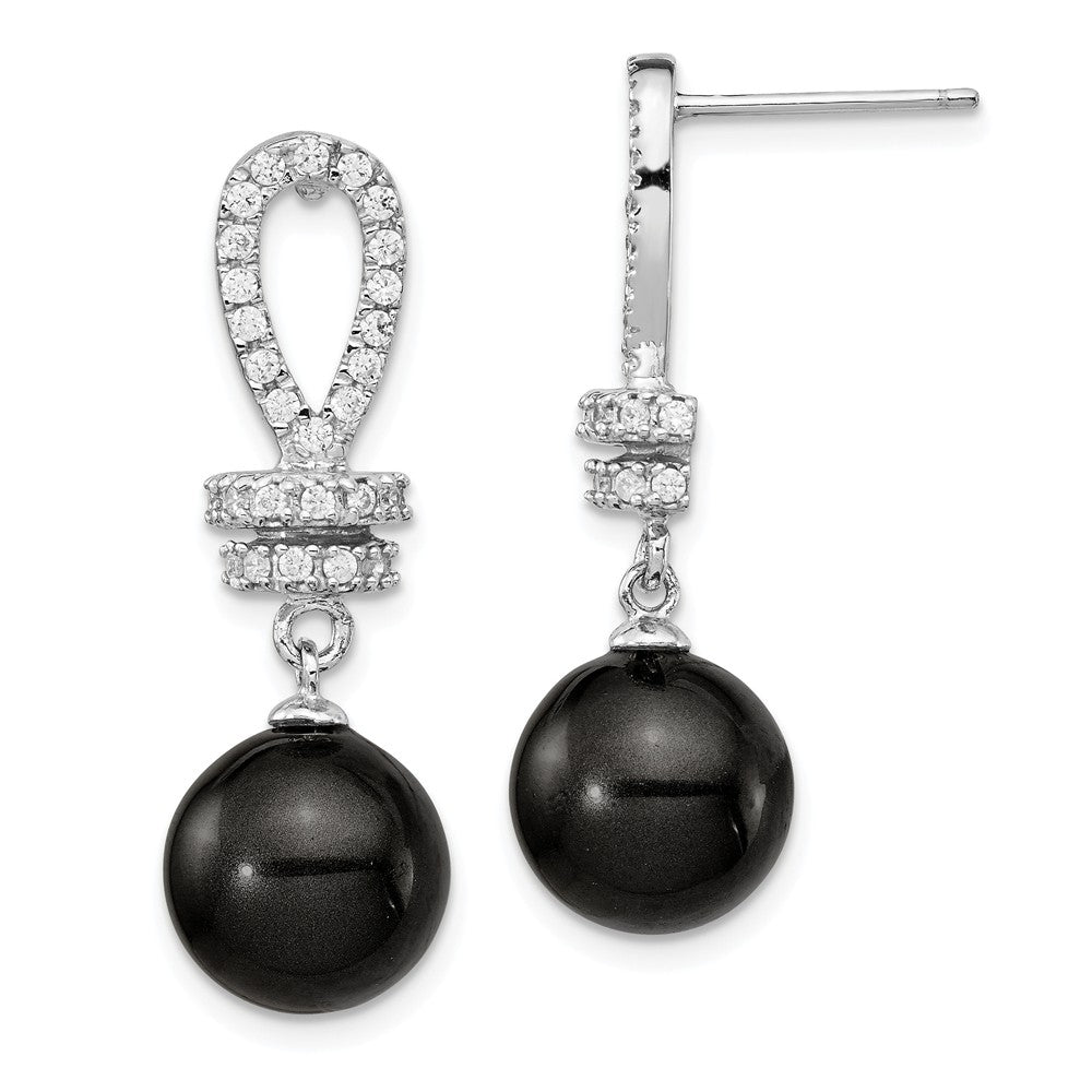 Million Charms 925 Sterling S Majestik Rhodium Plated 10-11mm Black Imitation Shell Pearl Cubic Zirconia ( CZ ) Earrings, 31.3mm x 10mm