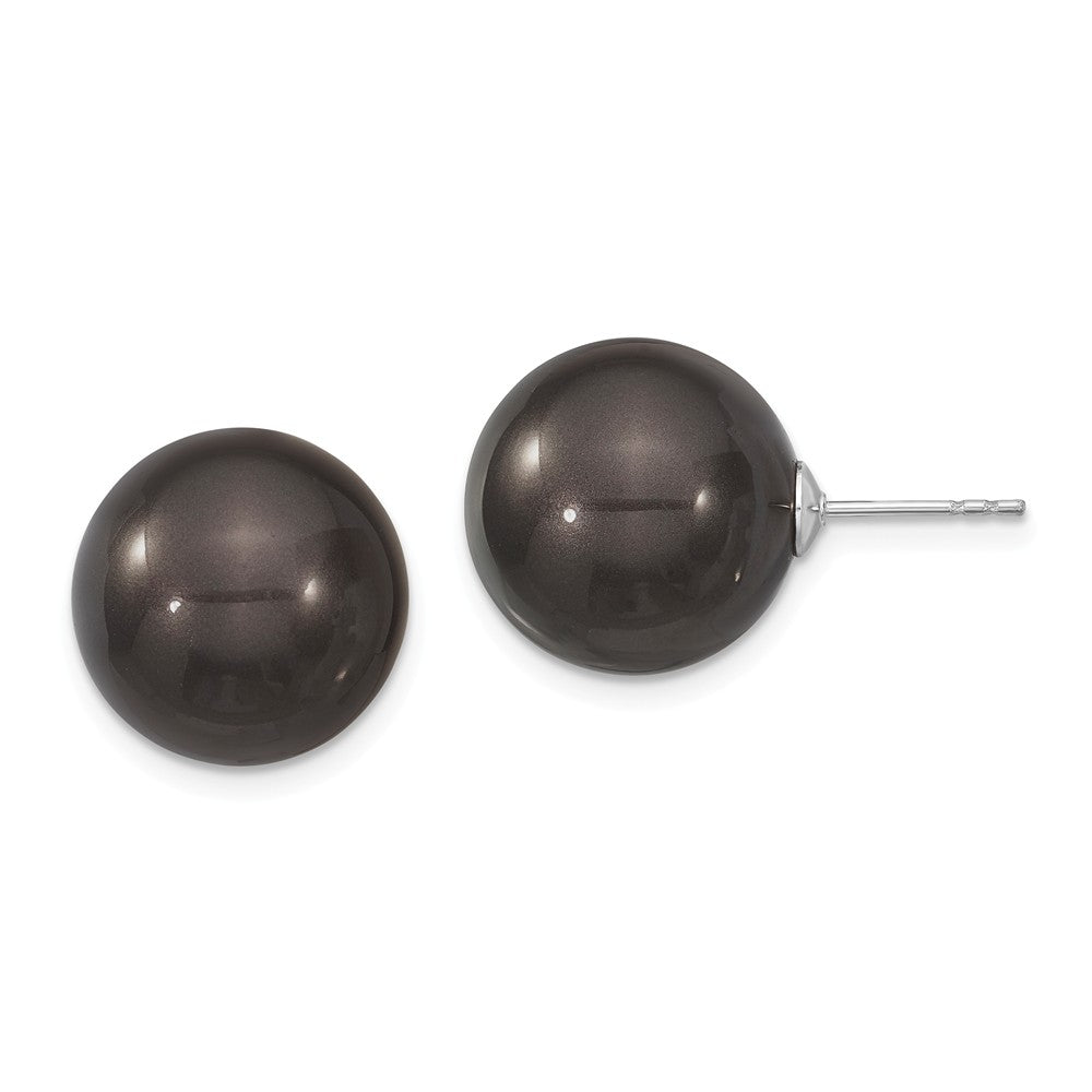 Stella Silver 925 Sterling Silver Majestik Rhodium Plated 14-15mm Black Imitation Shell Pearl Stud Earrings, 14 to 15mm x 14 to 15mm