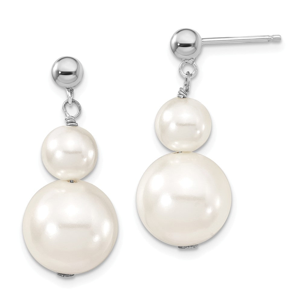 Million Charms 925 Sterling S Majestik Rhodium Plated 7 & 12mm White Imitation Shell Pearl Dangle Earrings, 7 to 12mm x 7 to 12mm