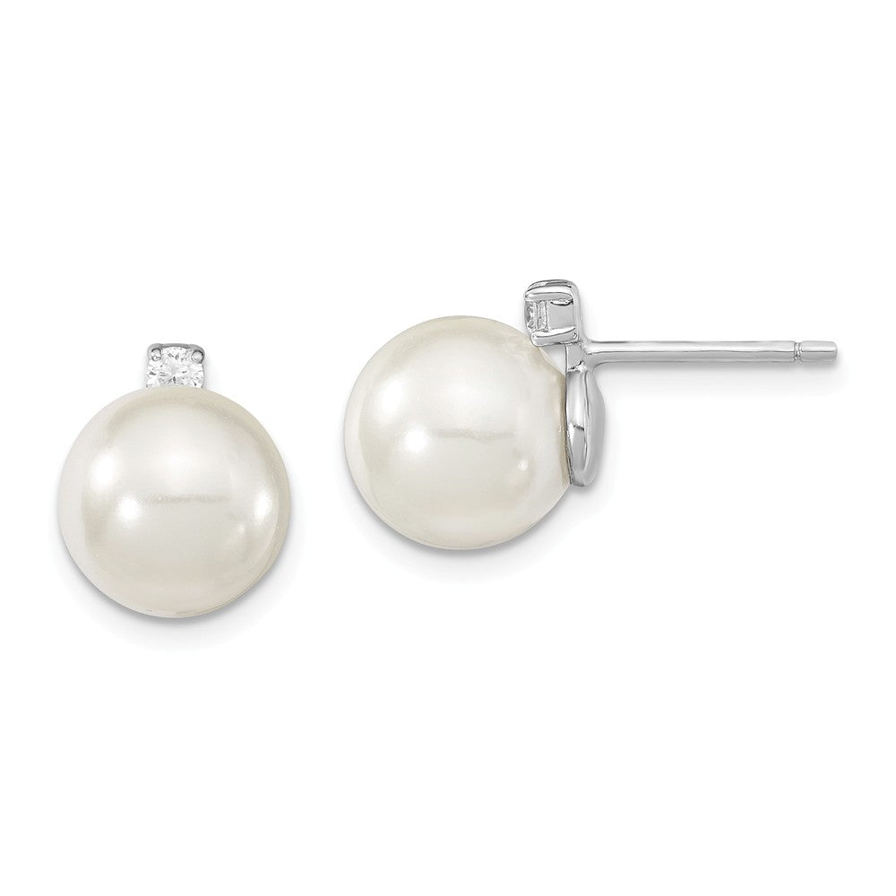 Million Charms 925 Sterling S Majestik Rhodium Plated 8-9mm White Imitation Shell Pearl & Cubic Zirconia ( CZ ) Post Earrings, 8 to 9mm x 8 to 9mm