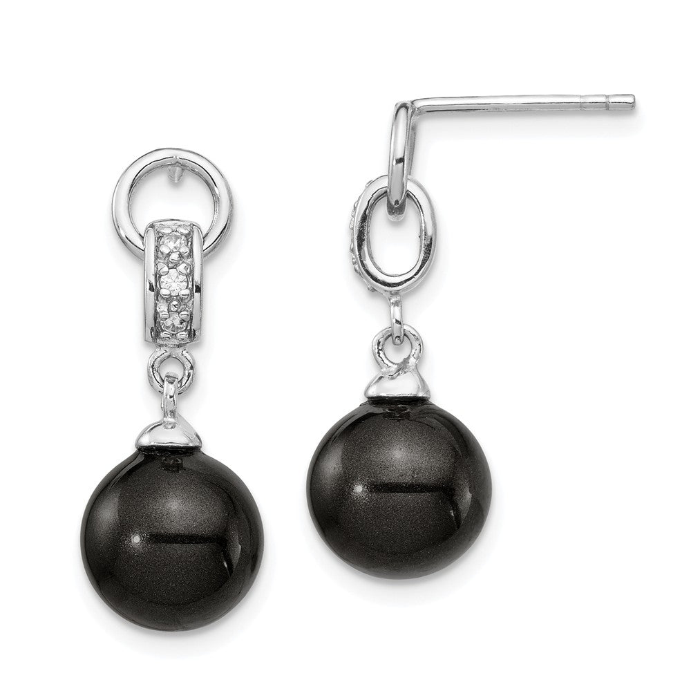Million Charms 925 Sterling S Majestik Rhodium Plated 8-9mm Black Imitation Shell Pearl Cubic Zirconia ( CZ ) Earrings, 24.2mm x 8.9mm