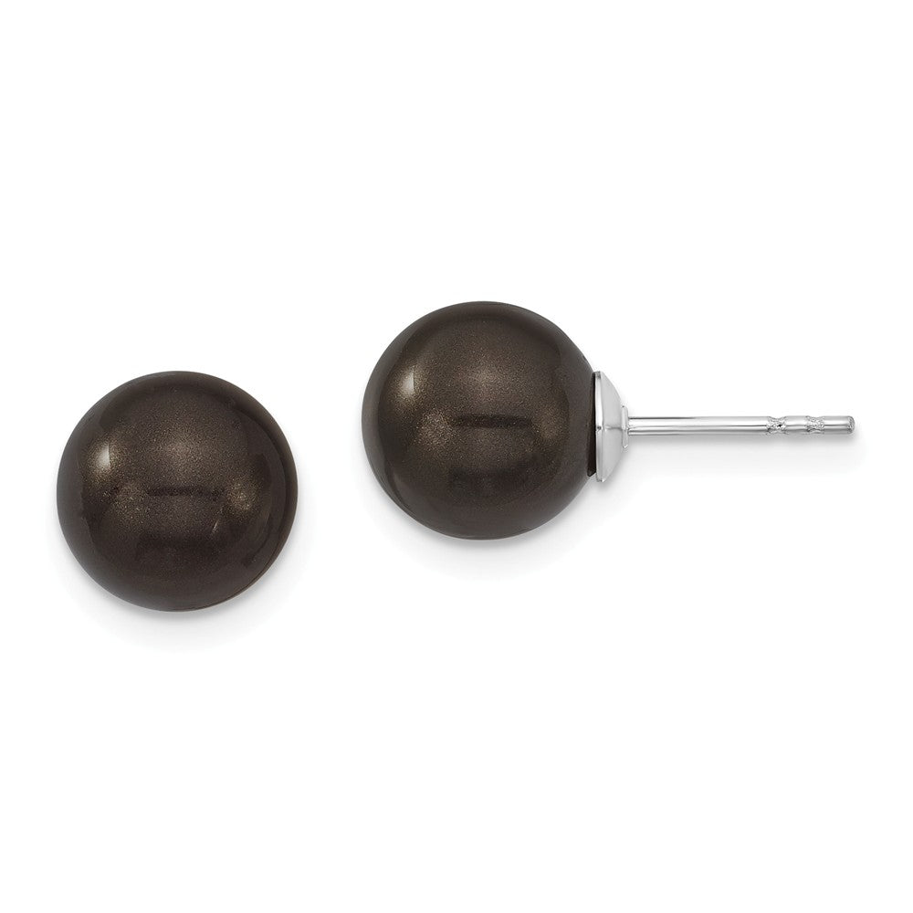Stella Silver 925 Sterling Silver Majestik Rhodium Plated 8-9mm Black Imitation Shell Pearl Stud Earrings, 8 to 9mm x 8 to 9mm