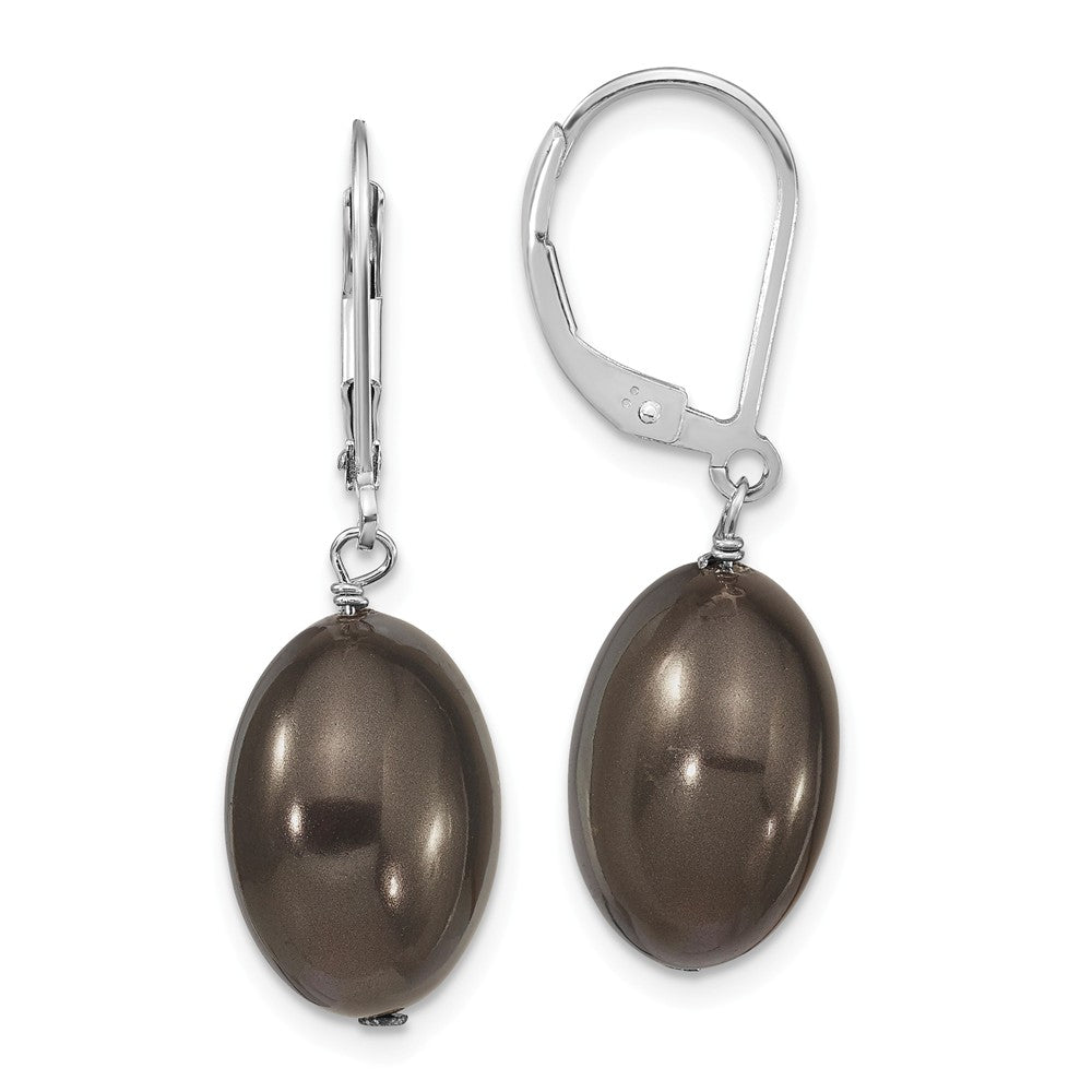 Million Charms 925 Sterling S Majestik Rhodium Plated 14-15mm Coin Black Imitation Shell Pearl Leverback Earrings, 34mm x 14 to 15mm