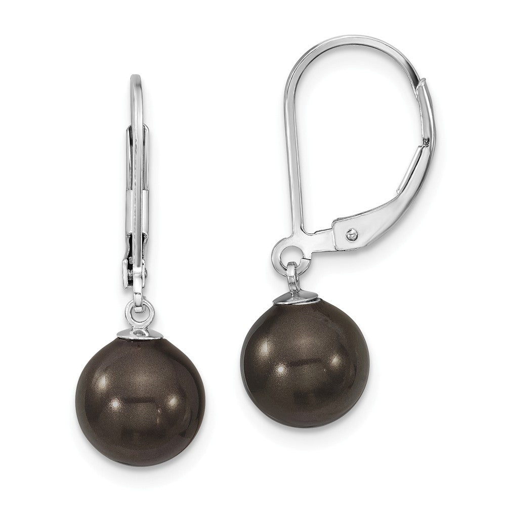 Million Charms 925 Sterling S Majestik Rhodium Plated 8-9mm Black Imitation Shell Pearl Leverback Earrings, 8 to 9mm x 8 to 9mm
