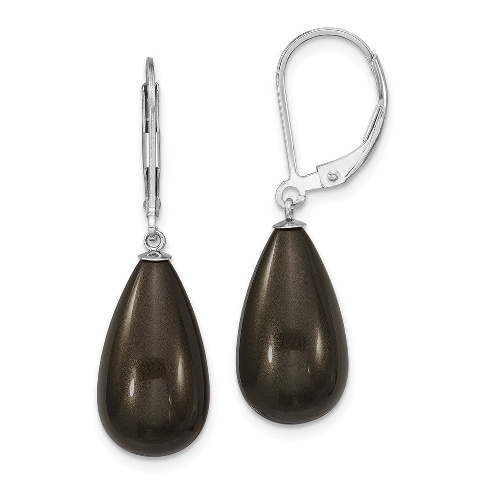 Million Charms 925 Sterling S Majestik Rhodium Plated 10x18mm Teardrop Black Imitation Shell Pearl Earrings, 18mm x 10mm