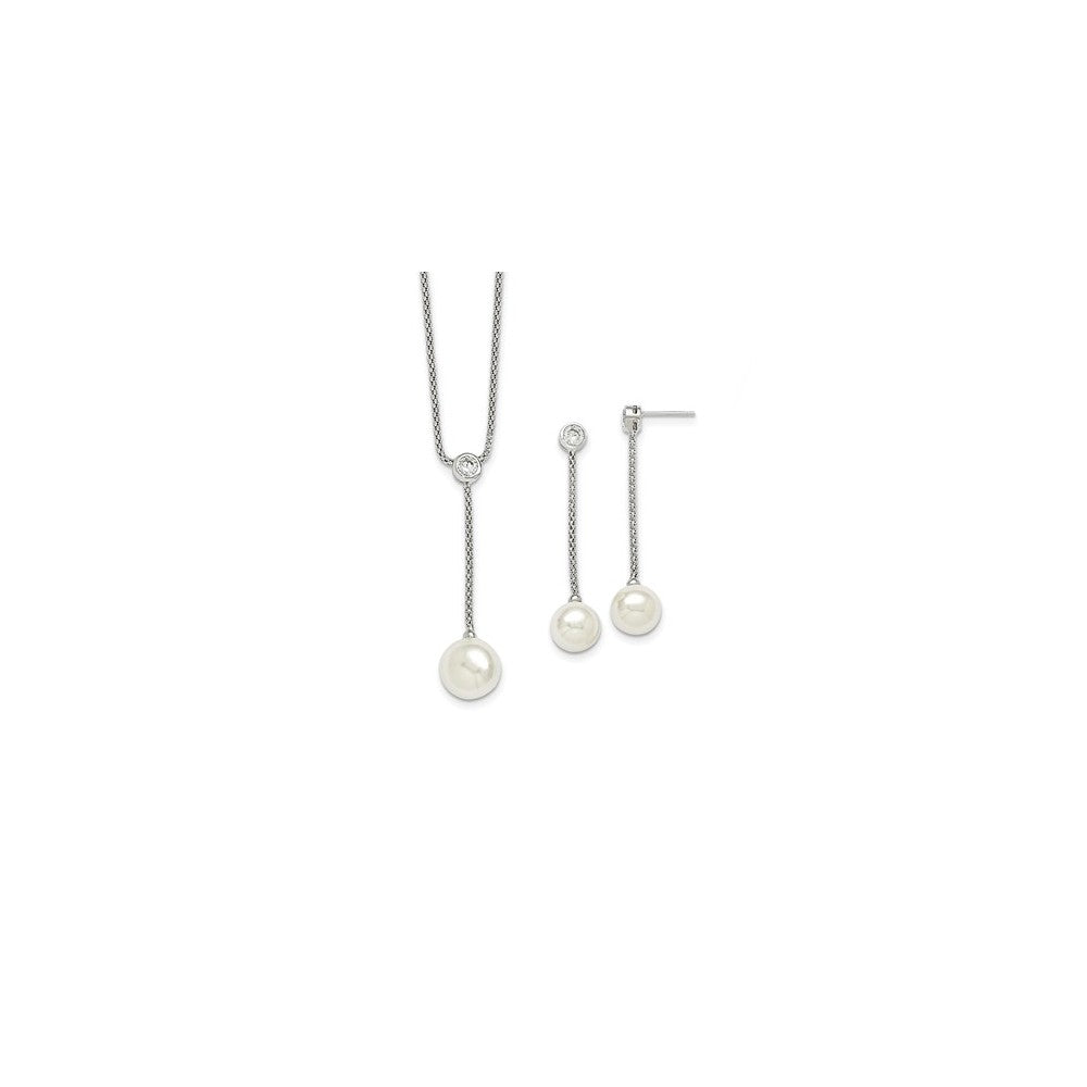 Majestik Jewelry Set - 925 Sterling Silver Majestik Rhodium-Plated 10-12mm White Imitation Shell Pearl & Cubic Zirconia ( CZ ) Earring & Necklace Sett