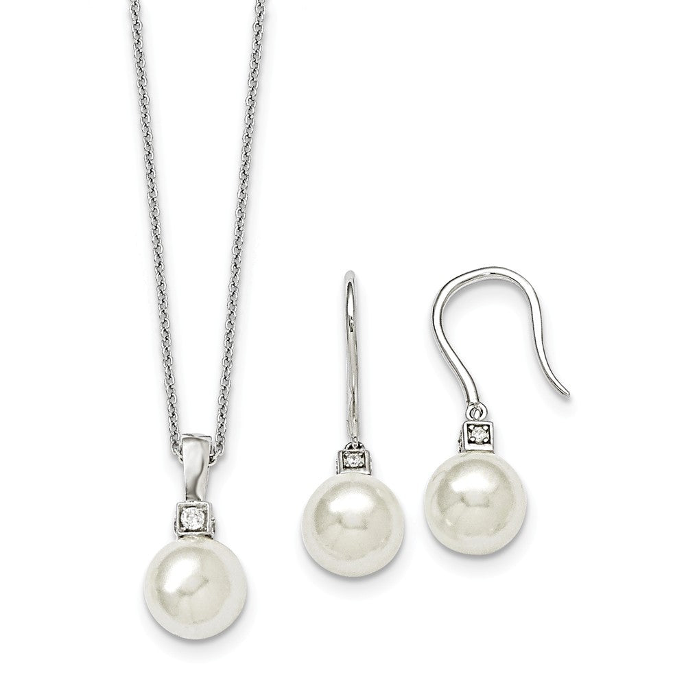 Majestik Jewelry Set - 925 Sterling Silver Majestik Rhodium-Plated 10-11mm White Imitation Shell Pearl & Cubic Zirconia ( CZ ) Earring & Necklace Set